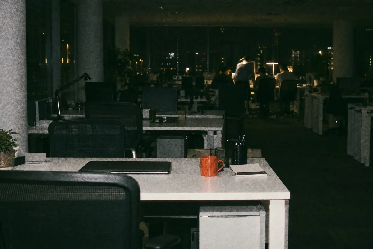 A head office floor at night, rows of empty desks and one team still gathered at the far end, an orange coffee cup in the foreground