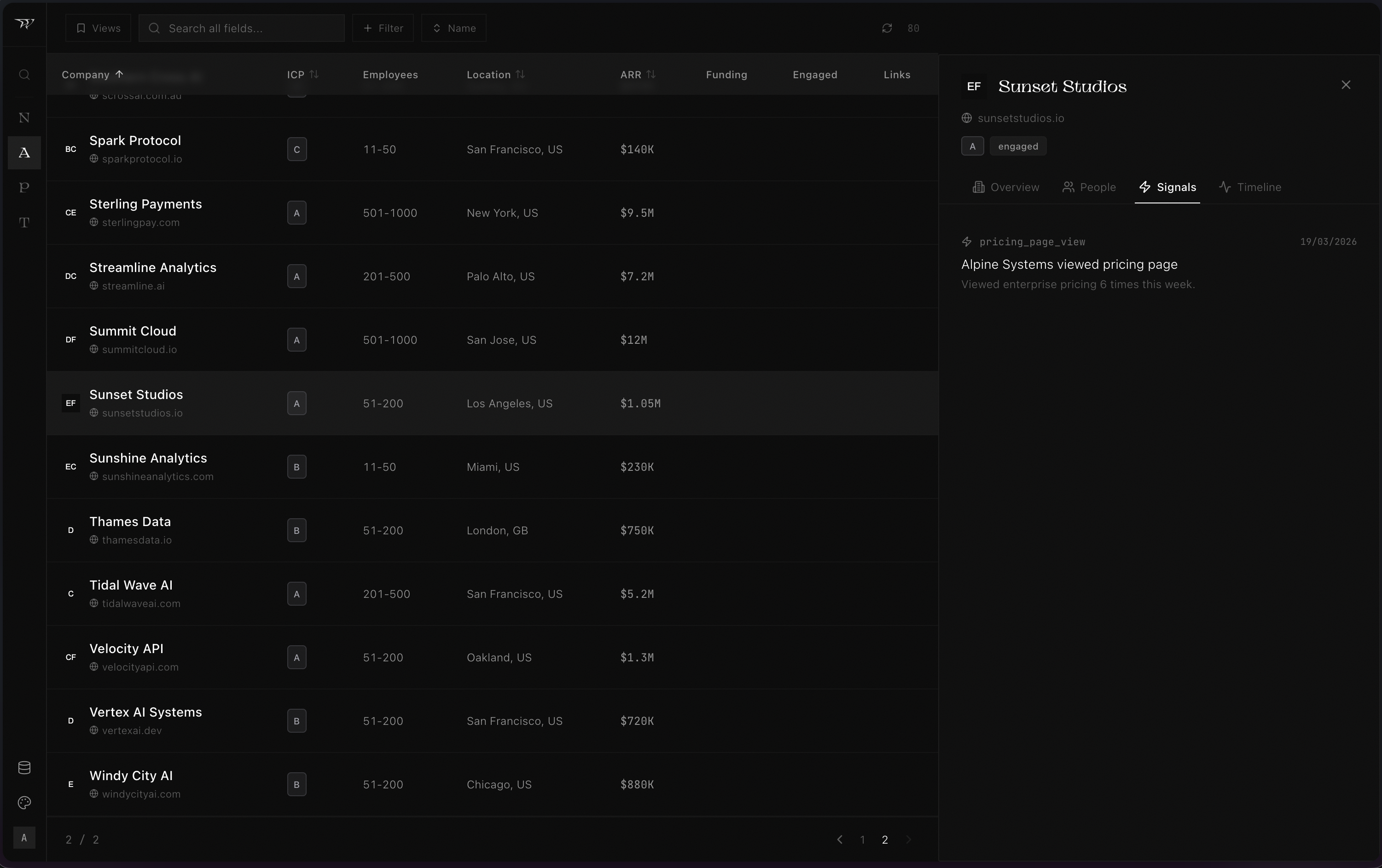 PATCHBOOK Companies view with signals panel